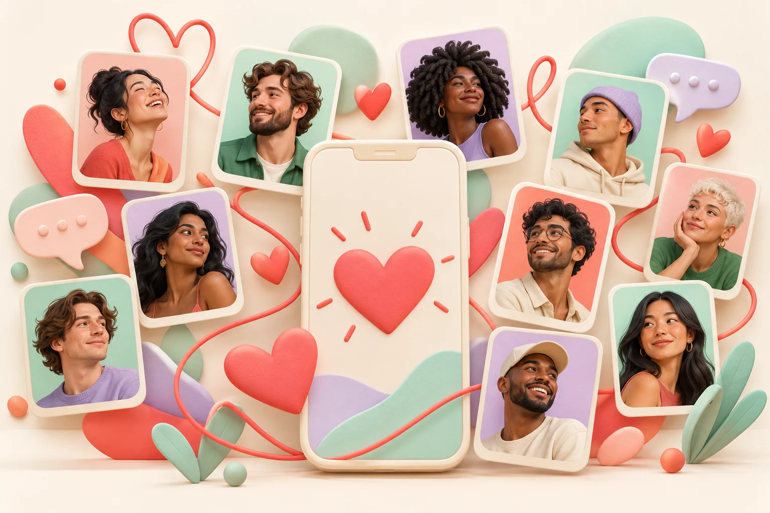 An illustrated smartphone surrounded by diverse adult profile cards and coral hearts.