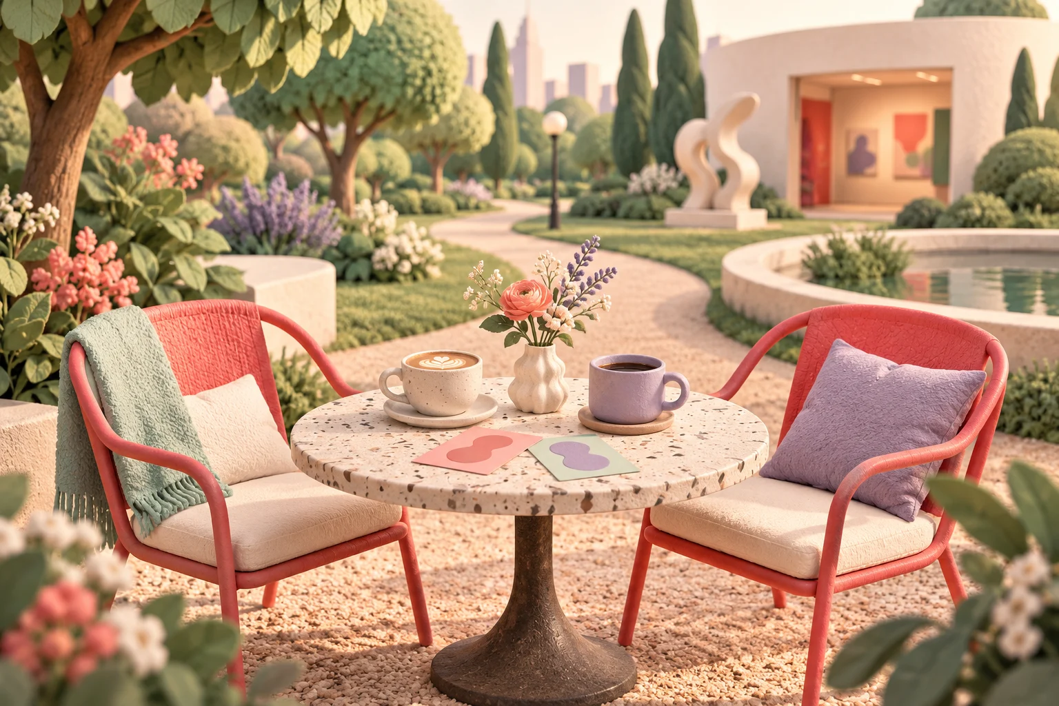 A softly coloured cafe table for two beside a park path and a small gallery.