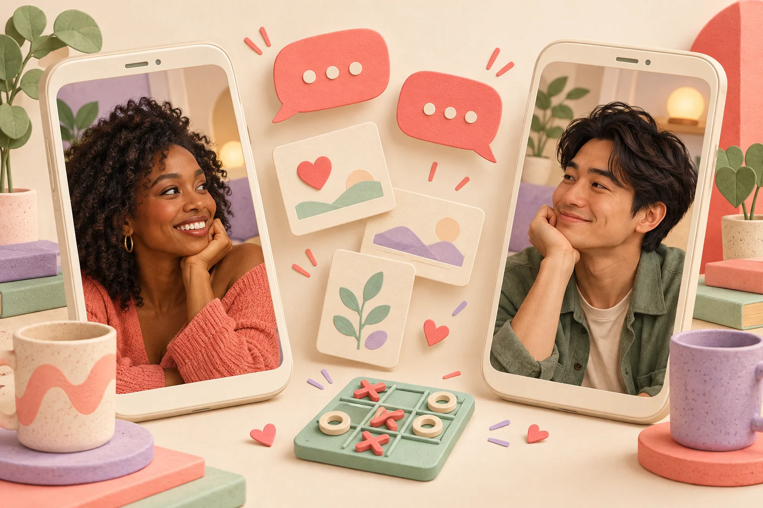 Two illustrated adults chatting on separate phones, with conversation cards and a small game between them.
